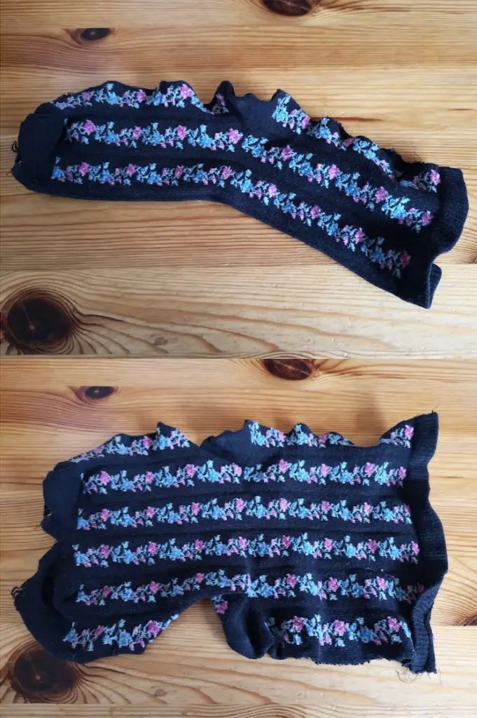 An old sock, before and after being cut open.