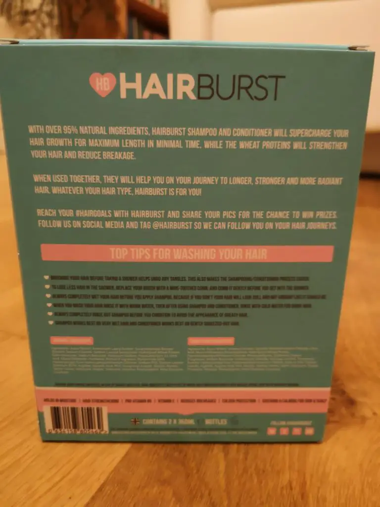 The back of the Hairburst Shampoo and Conditioner box.