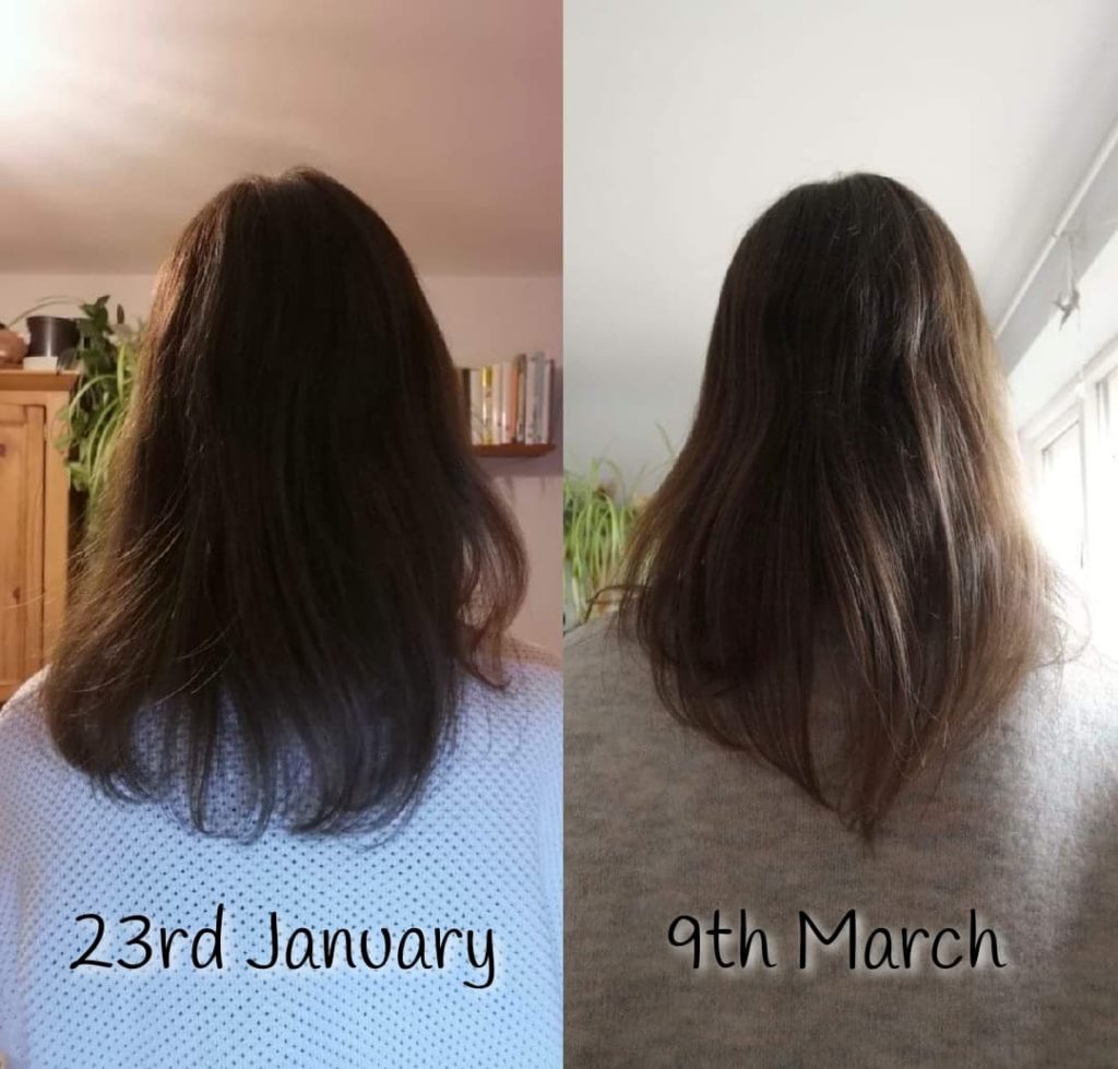 Images taken on the 23rd January and 9th March, showing my hair growth in 6 weeks of using the Hairburst products