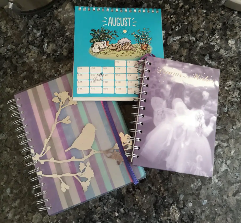 Two spiral-bound notebooks and a spiral-bound calendar