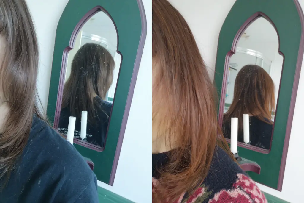 My hair, before and after henna. It is brown before and reddish after.