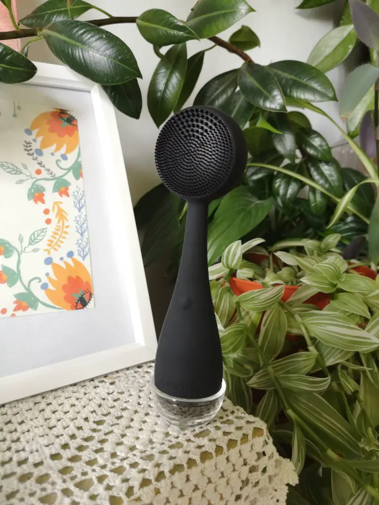 A black PMD Clean standing up on a cabinet with houseplants and framed art in the background