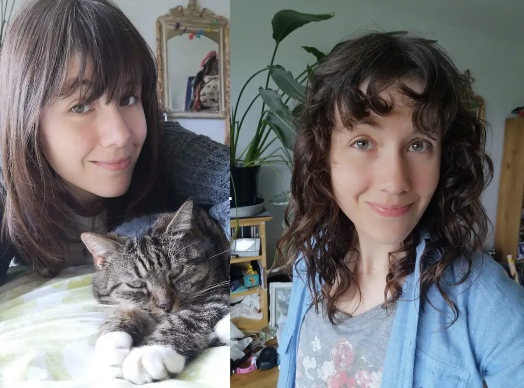 Me with straight hair, and me with curly hair after one week of following the Curly Girl Method.