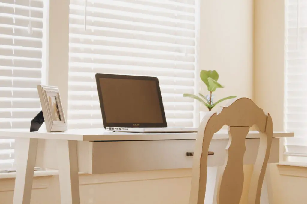 A tidy desk with a laptop, plant and framed photo on it.