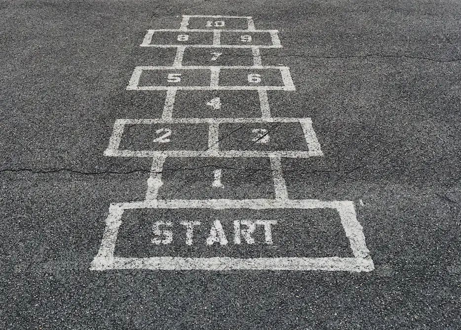 A hopscotch painted on tarmac, with numbers 1 to 10.