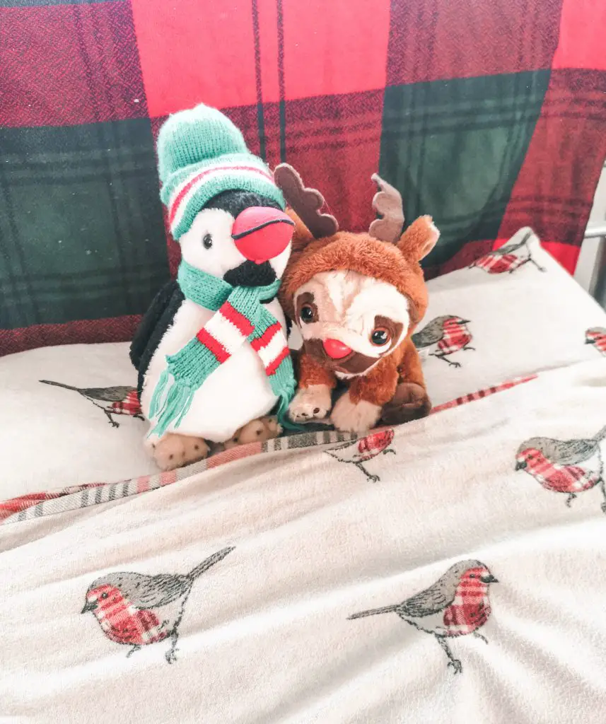 A robin duvet cover and pillowcase, with a tartan throw and two soft toys - a pug with reindeer antlers and a penguin wearing a green, red and white scarf.