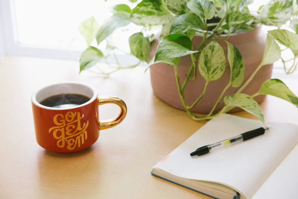 An open notebook and pen, a mug of coffee with 'go get 'em' written on it, and a potted plant.