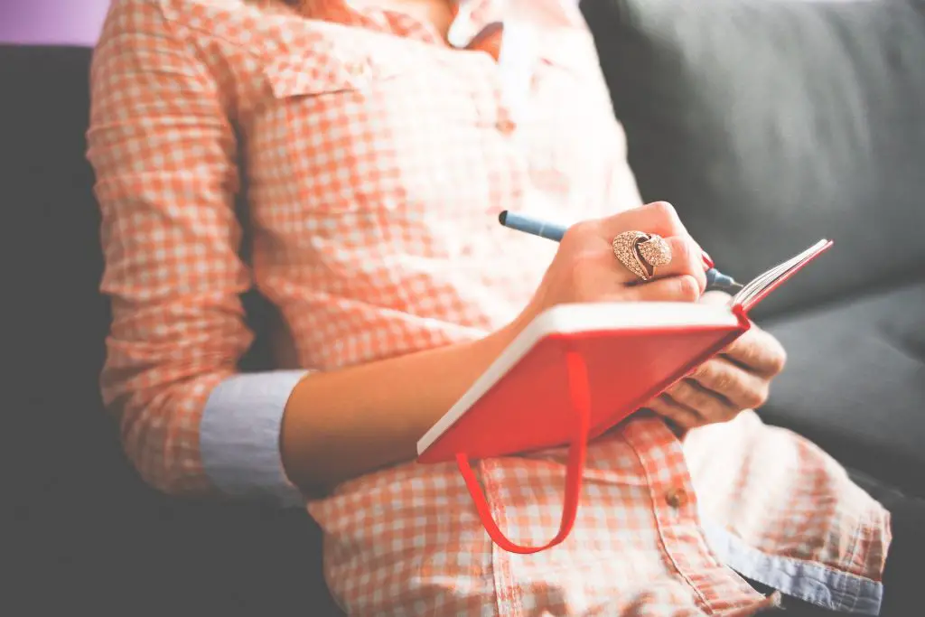 A woman wearing an orange and white checked dress, writing in a red journal.