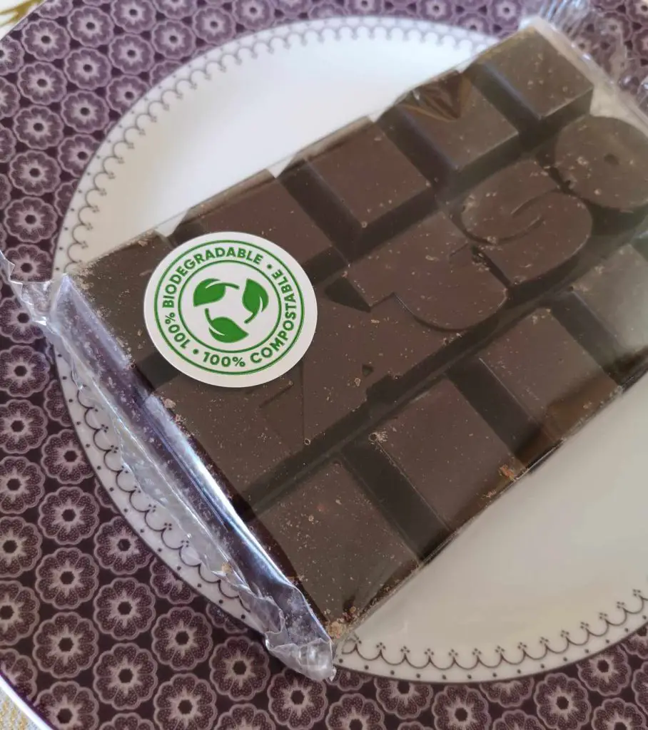 A bar of FATSO chocolate, wrapped in a biodegradable film.