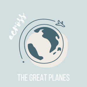 The logo of Across the Great Planes blog, which features a cartoon image of a plane flying around a globe.