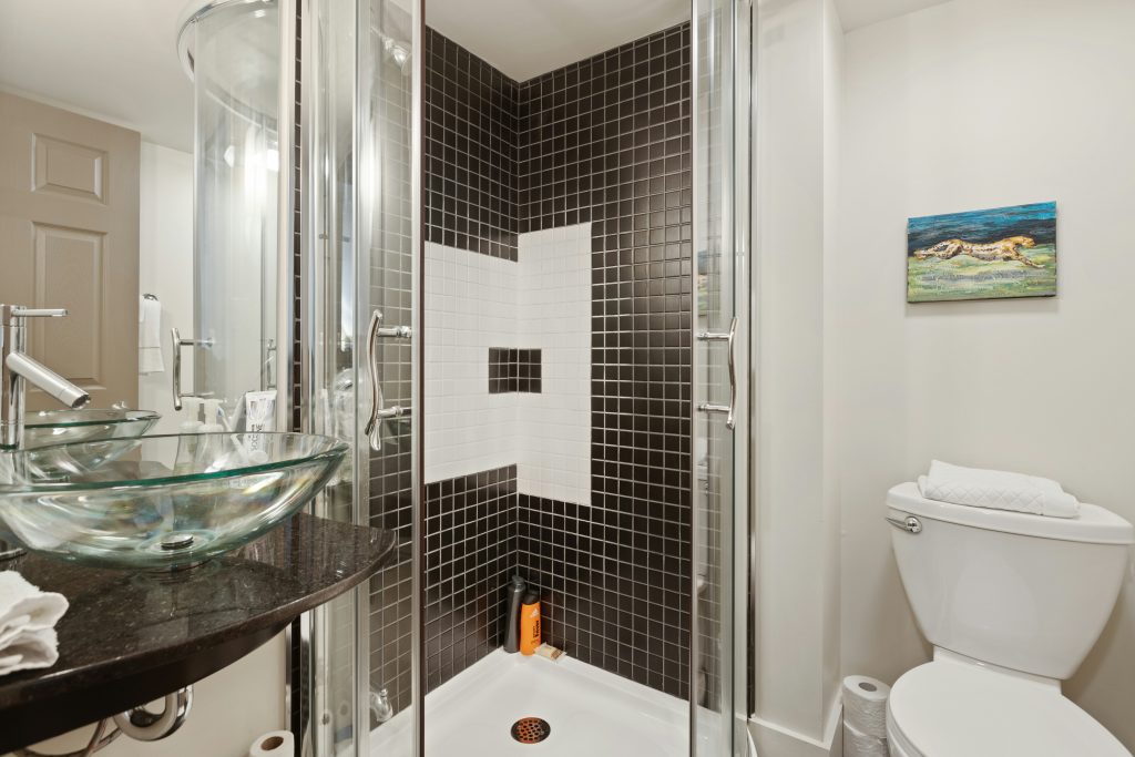 A bathroom with a shower.