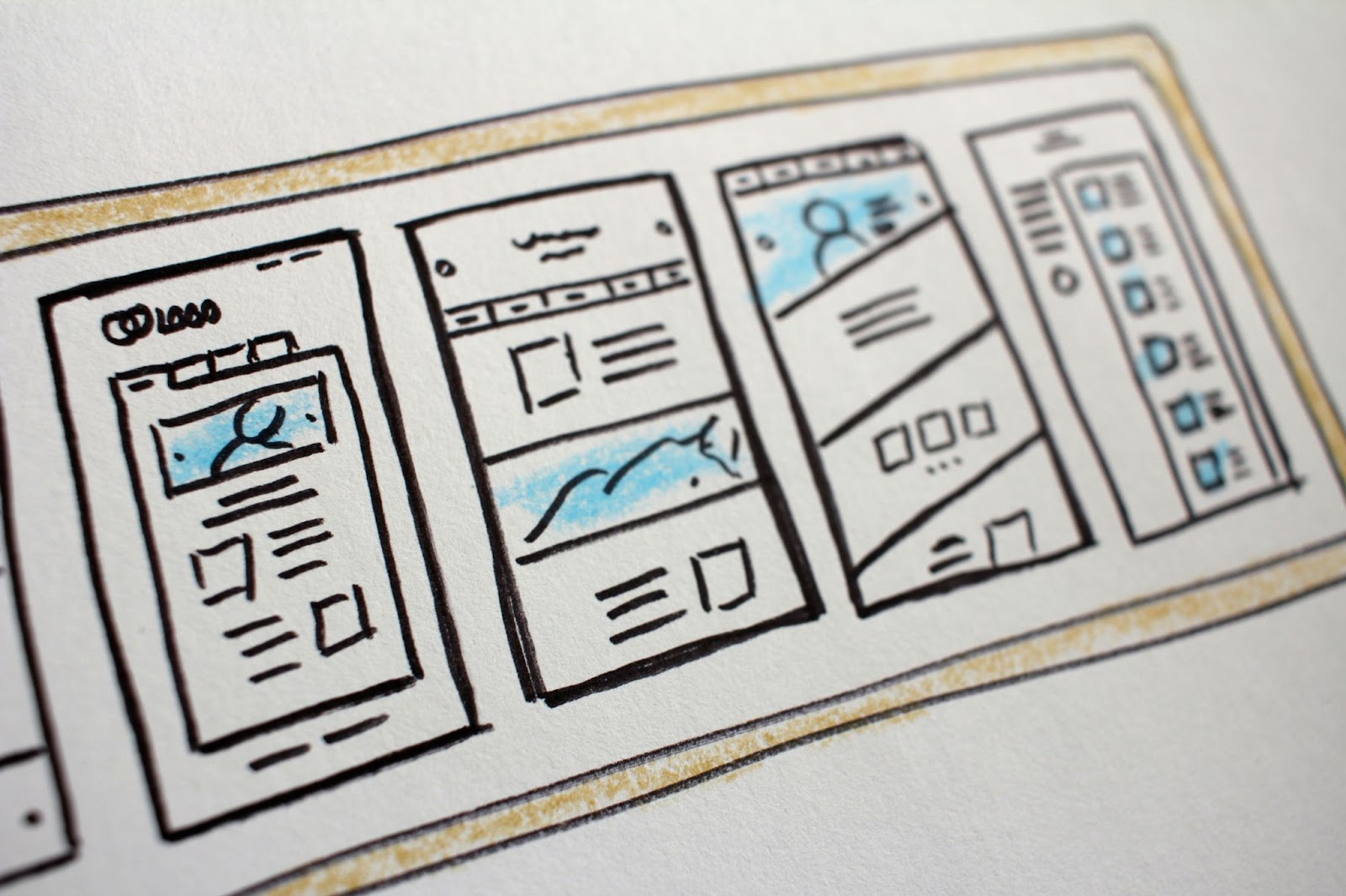 Several drawings of mobile phone screens showing website layouts.