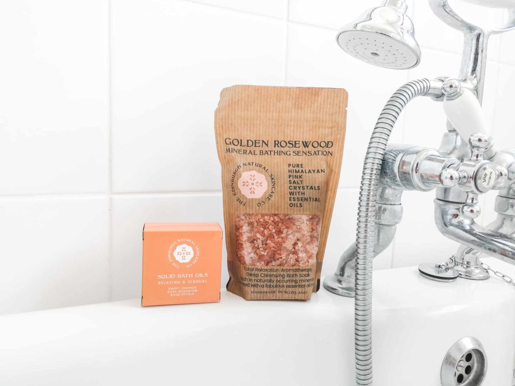 Edinburgh Skincare Company Golden Rosewood Mineral Bathing Sensation Bath Salts and Sweet Orange and Geranium Solid Bath Oils.
