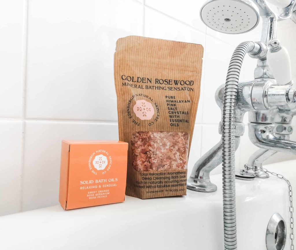 Edinburgh Skincare Company Golden Rosewood Mineral Bathing Sensation Bath Salts and Sweet Orange and Geranium Solid Bath Oils.