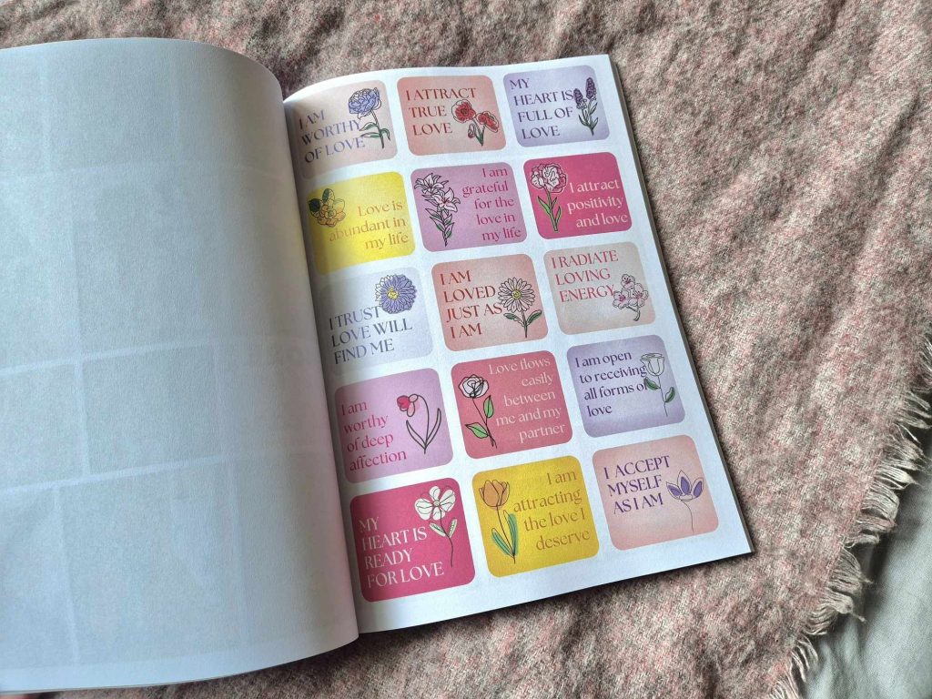 A page of the Vision Board Clip Art Book For Love, showing various affirmations.