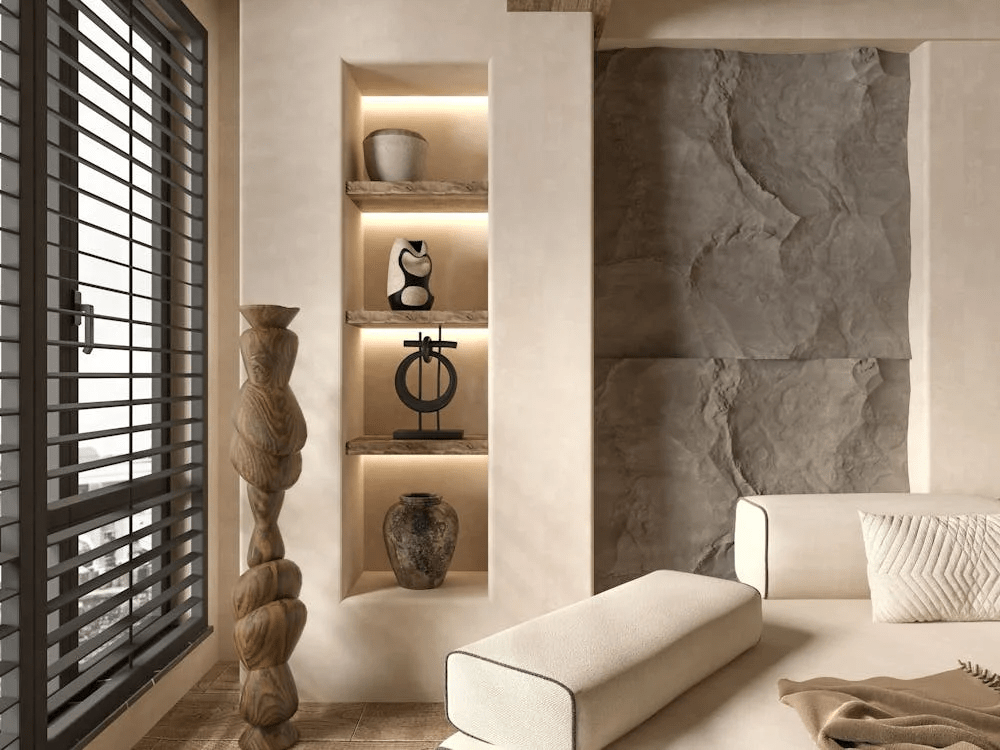 A luxurious living room in neutral colours.